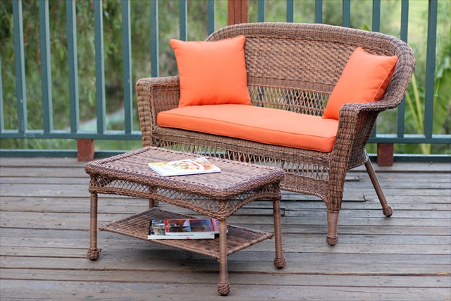Jeco W00205-LCS016 Honey Wicker Patio Love Seat And Coffee Table Set With Orange Cushion