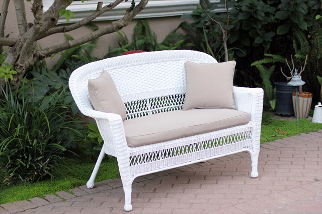 Jeco W00206-L-FS006-CL White Wicker Patio Love Seat With Tan Cushion And Pillows