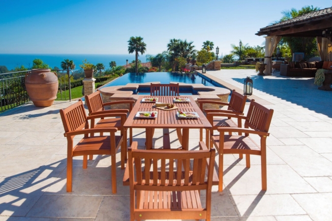 ProPation Malibu Eco-Friendly 7-Piece Wood Outdoor Dining Set With Rectangular Curvy Table And Stacking Chairs