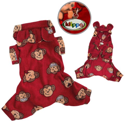 Klippo Pet KBD034LZ Adorable Silly Monkey Fleece Dog Pajamas & Bodysuit With Hood- Burgundy - Large