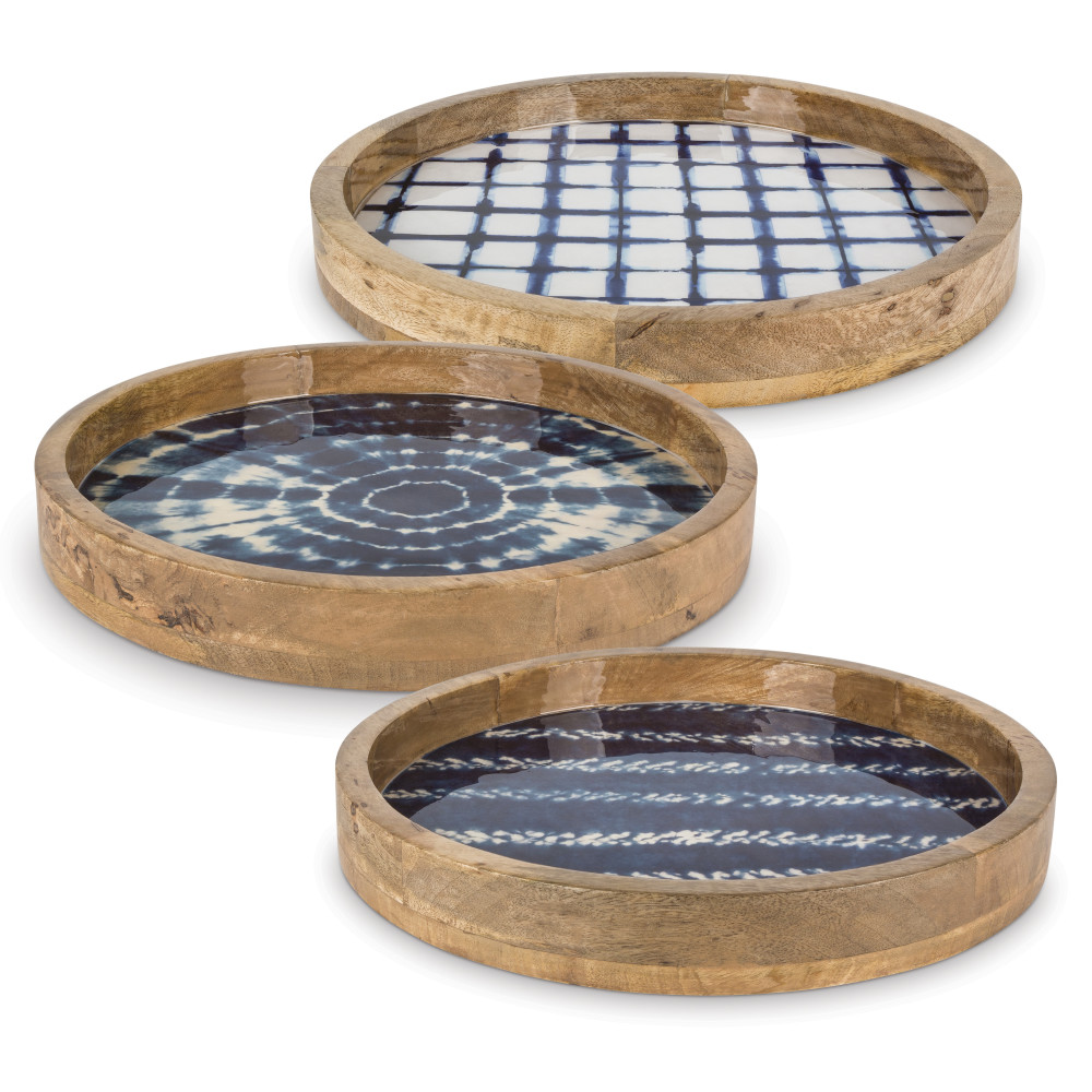 Gerson Company Gerson 94093EC 15.75 in. Mango Wood Serving Trays with Assorted&#44; Indigo & Tie-Dye Patterns - Set of 3