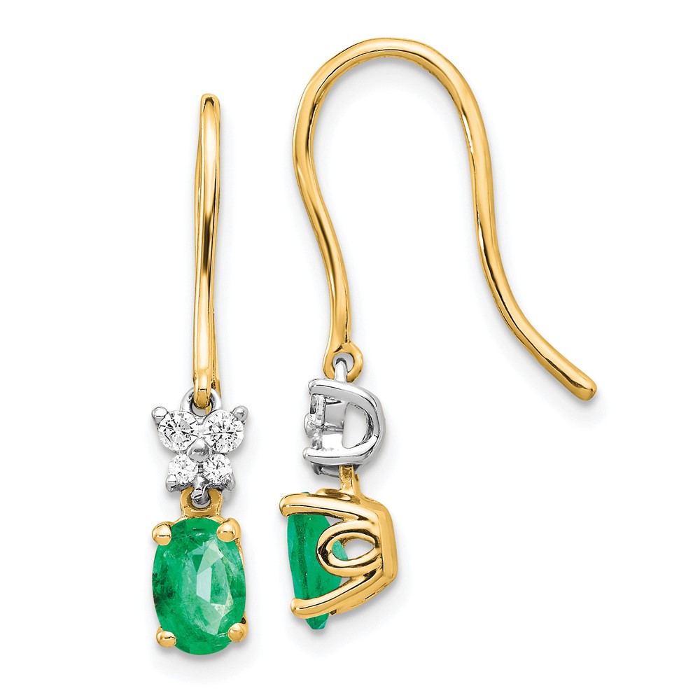 Quality Gold EM5600-EM-013-YWA 14K Two-tone 0.12 CTW Diamond & Oval Emerald Shepherd Hook Earrings