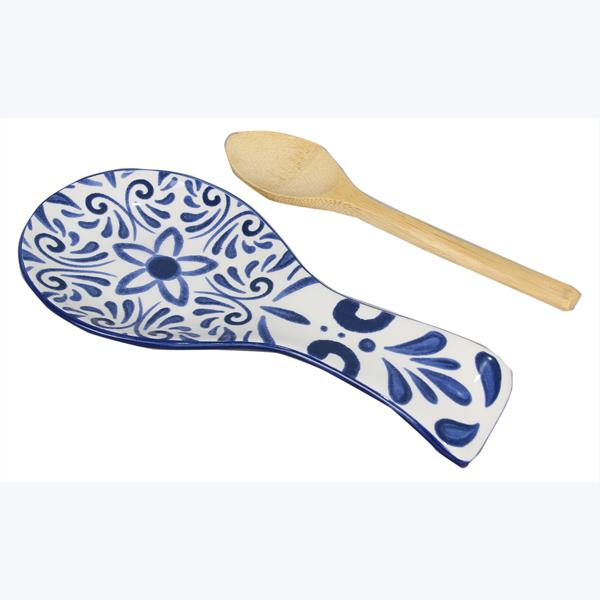 Youngs 21215 Ceramic Talavera Spoon Rest with Bamboo Spoon & Tea Towel&#44; Blue & White