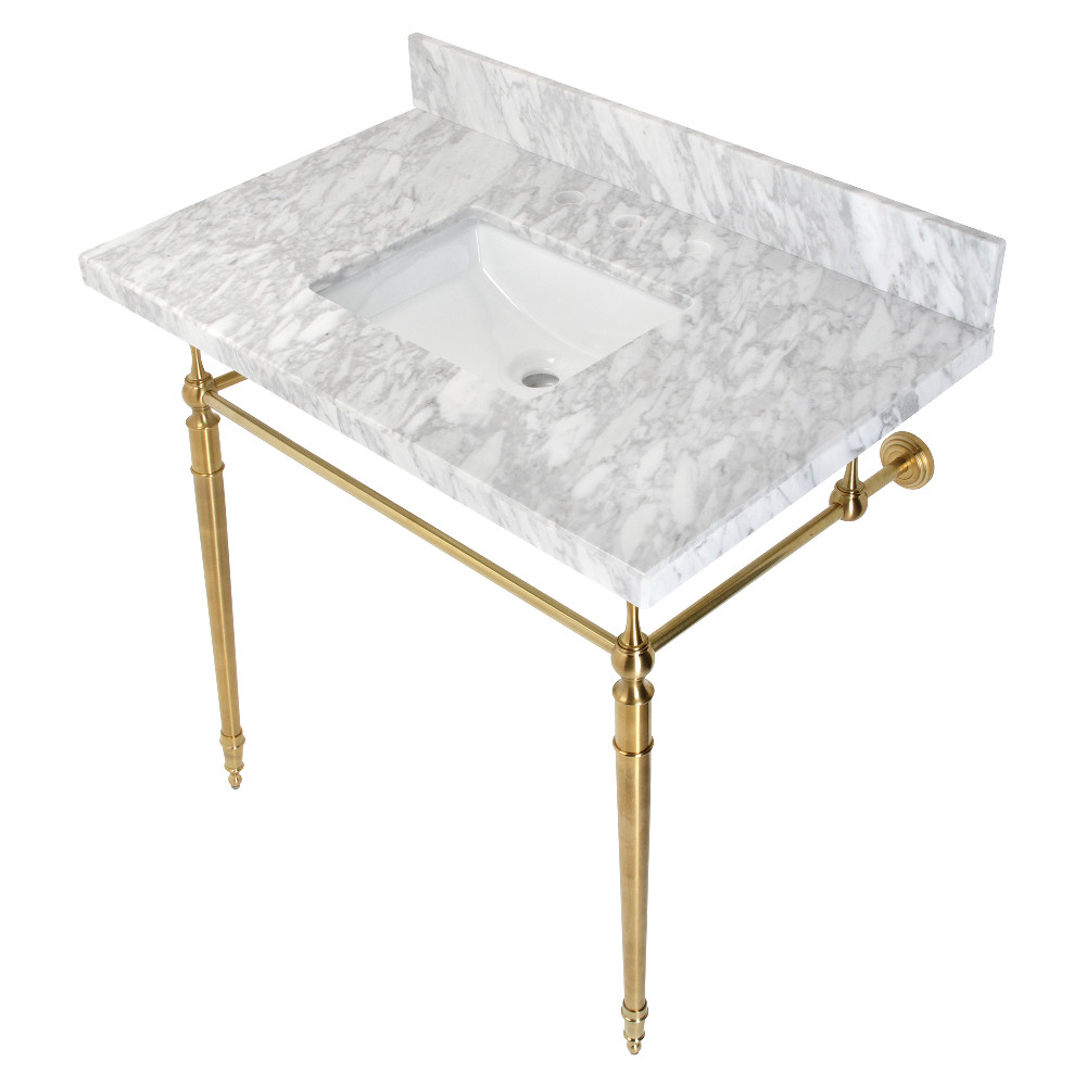 Tangletown Fine Art 36 in. Edwardian Console Sink with Brass Legs - 8 in. 3 Hole&#44; Marble White & Brushed Brass