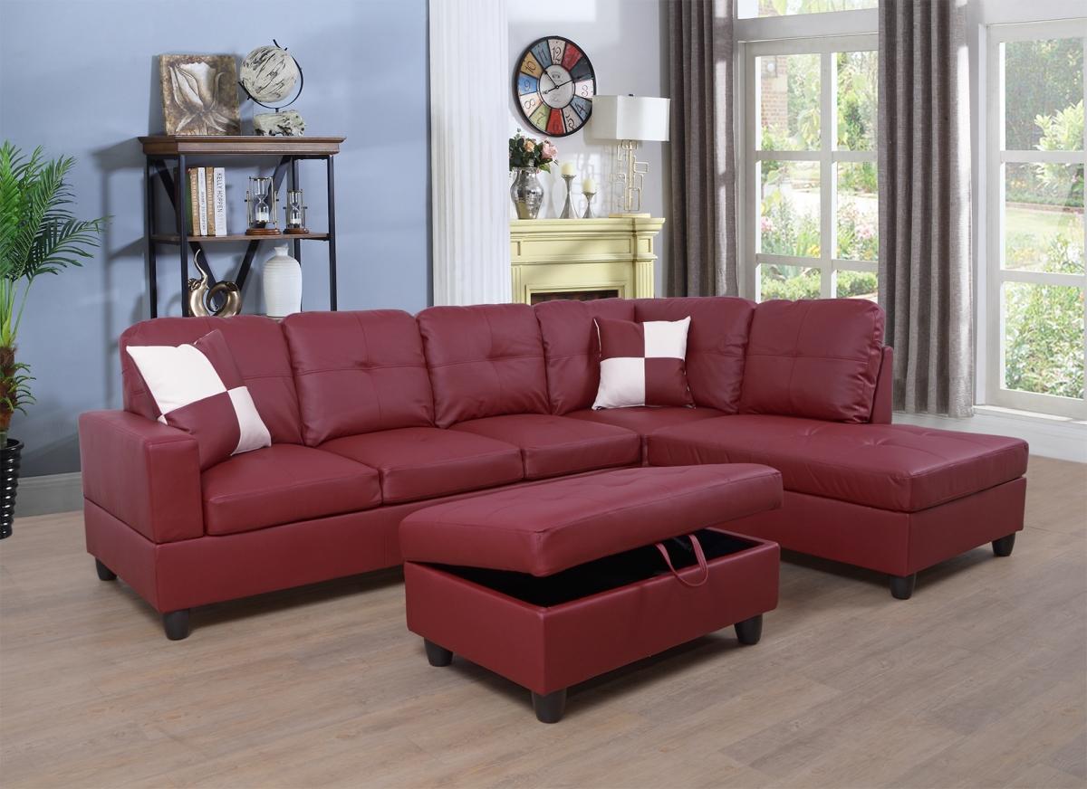 Golden Coast Furniture F094B Golden Coast Furniture Right Facing Sectional Sofa Set with Ottoman&#44; Faux Leather Red