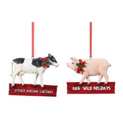 Youngs Cow Utterly Awesome Christmas Pig Hog Wild Holidays Ornaments Set of 2 Resin