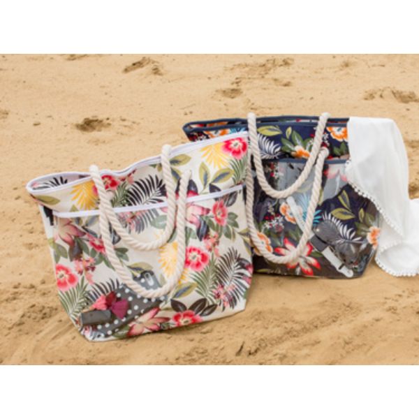 Youngs 40178 Large Floral Beach Tote Bag with Plastic Pockets&#44; Assorted Color - 2 Piece