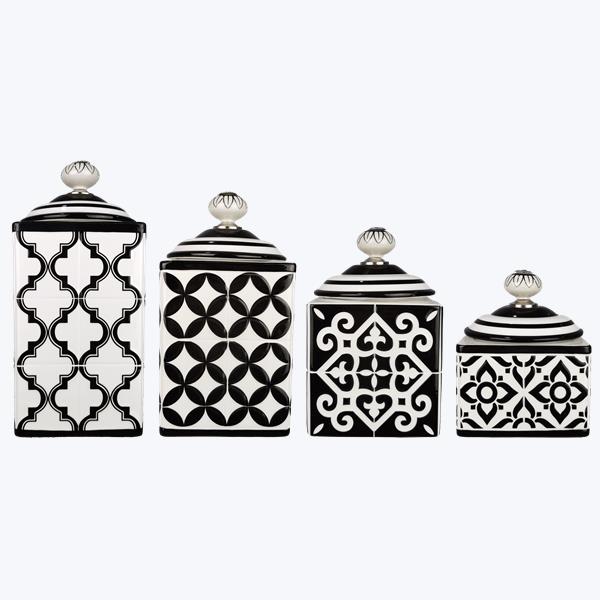 Youngs 10074 Ceramic Tile Design Canister Set&#44; Black & White - 4 Piece