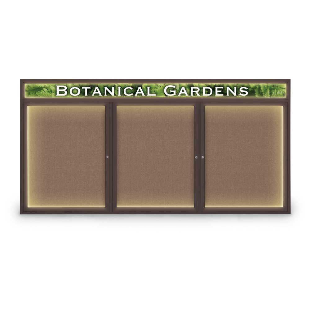UNITED VISUAL PRODUCTS UV355HI-BRONZE-PUMICE 96 x 48 in. Triple Door Traditional Indoor with Header & Illumination Enclosed Corkboard with Pumice Fabri
