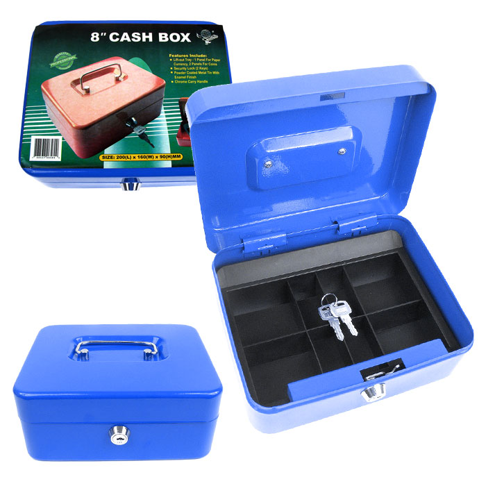 Trademark Global Inc 8 Inch Key Lock Blue Cash Box with Coin Tray