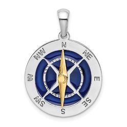 Quality Gold QC10983G Sterling Silver Enameled Compass with 14K Moving Needle Pendant&#44; Two Tone