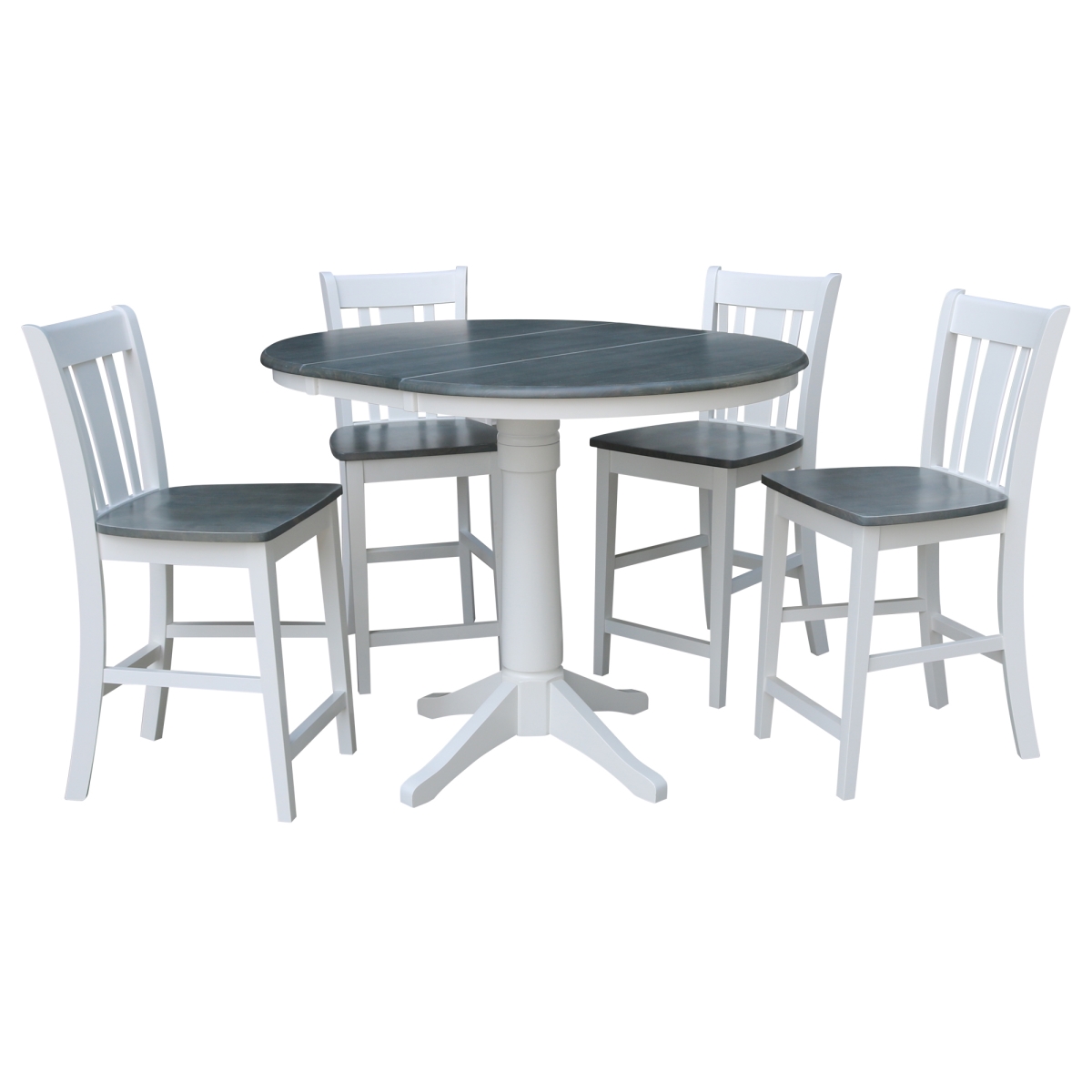 International Concepts K05-36RXT-27B-S102-4 36 in. Round Extension Dining Table with 4 San Remo Counter Height Stools&#44; White & Heather Gray - Set o