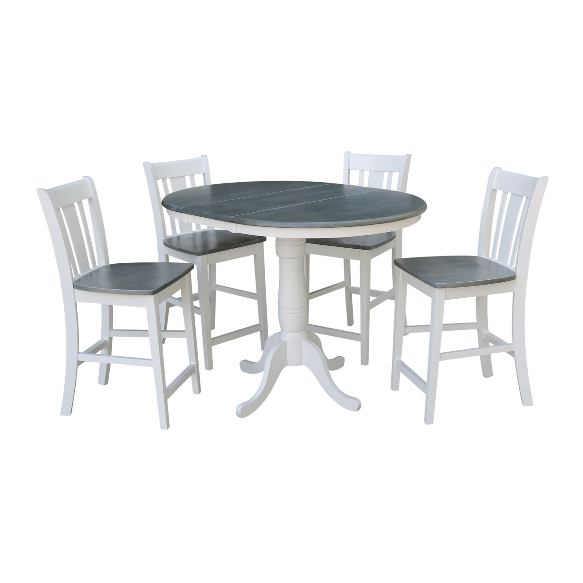 International Concepts K05-36RXT-6B-S102-4 36 in. Round Extension Dining Table with 4 San Remo Counter Height Stools&#44; White & Heather Gray - Set of