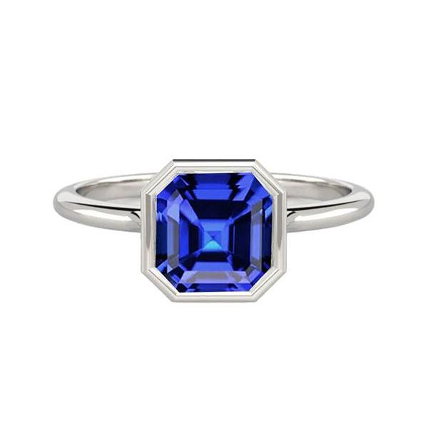 Harry Chad Enterprises 68758 2 CT White Gold Asscher Bezel Set Blue Sapphire Solitaire Ring, Size 6.5