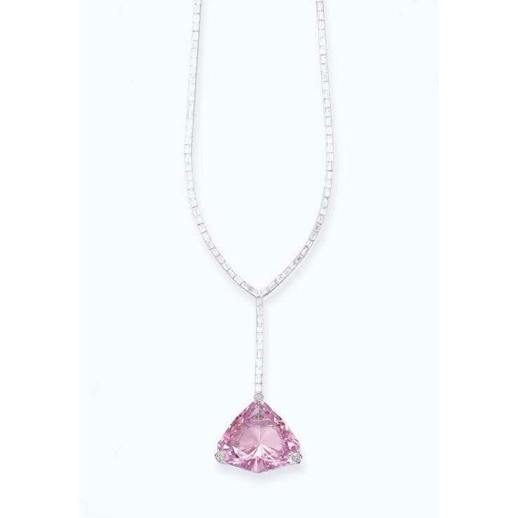 Harry Chad Enterprises 64500 14 CT Trillion Cut Kunzite & Baguette Diamond Ladies Necklace Pendant