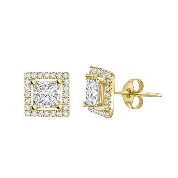 Harry Chad Enterprises 54453 3.40 CT Halo Princess & Round Diamond Stud Earrings&#44; 14K Yellow Gold