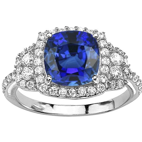 Harry Chad Enterprises 68162 5 CT Cushion Halo Blue 14K White Gold Diamonds Sapphire Ring, Size 6.5