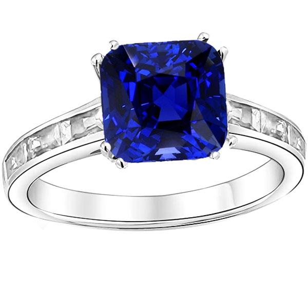 Harry Chad Enterprises 68165 4 CT Baguette Diamond Cushion Blue Sapphire Ring, 14K Gold - Size 6.5