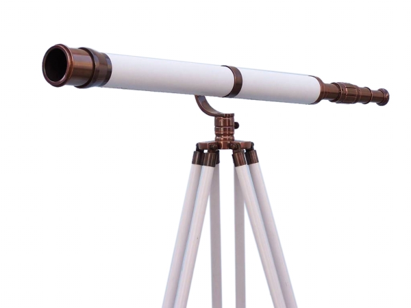 Handcrafted Model Ships ST-0117-ACWL 65 in. Floor Standing Antique Copper with White Leather Galileo Telescope
