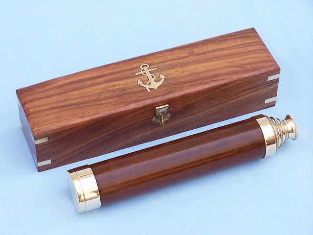 Handcrafted Decor FT-0217A Deluxe Class Solid Brass Wood Admirals Spyglass Telescope with Rosewood Box- 25 in.