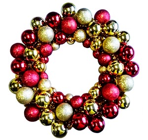 Winterland BAT-BWR-16-GO-RE-PW Gold And Red Ball Wreath With Battery Powered Pure White Led