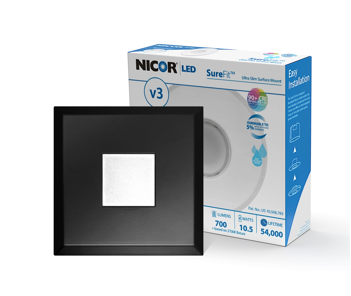 Nicor Lighting DLF301203KSQBK SureFit(v3) LED Flush Mount Ceiling Light&#44; 3000K with Square Black Trim