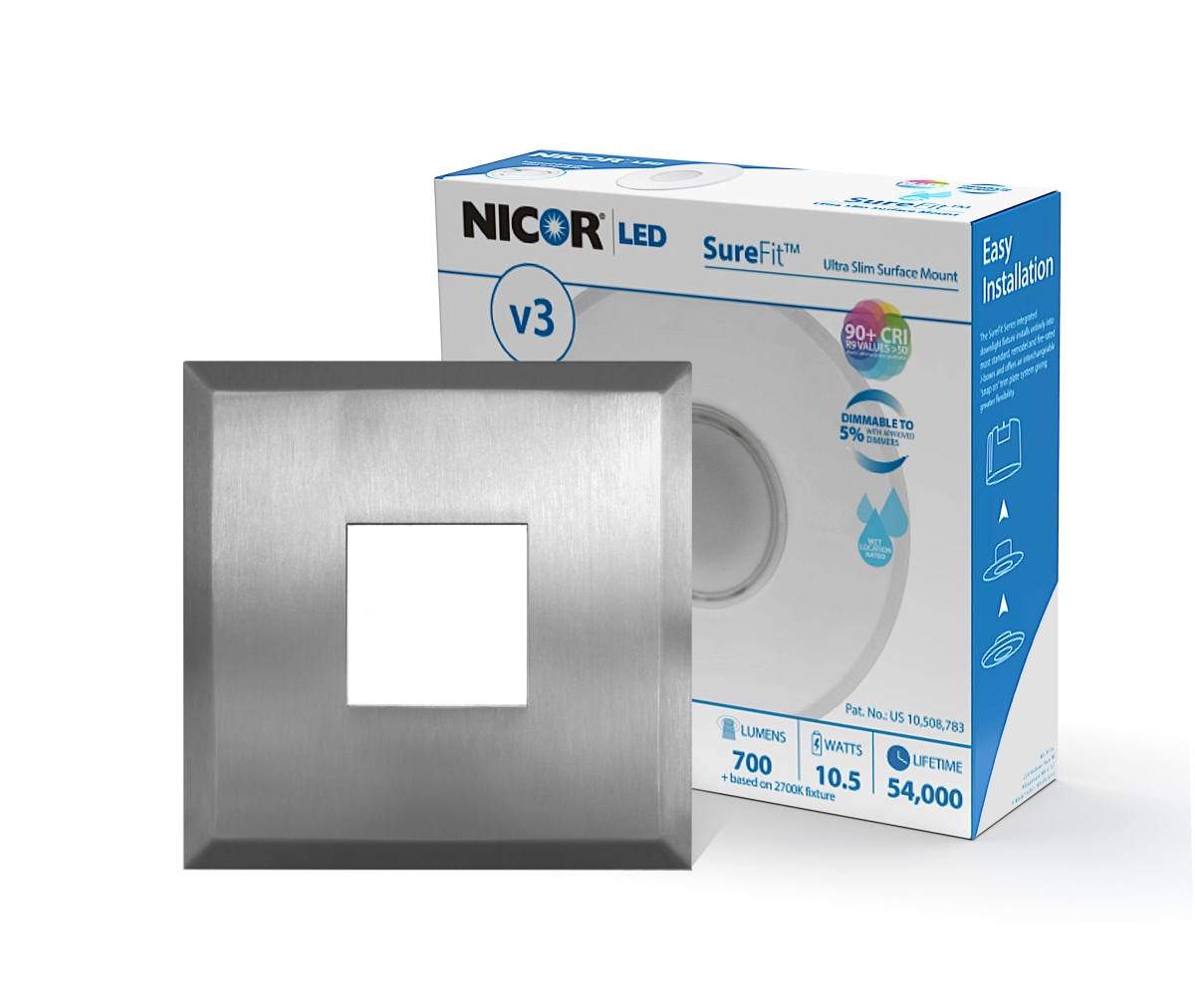 Nicor Lighting DLF301203KSQNK SureFit(v3) LED Flush Mount Ceiling Light&#44; 3000K with Square Nickel Trim