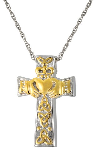 Memorial Gallery MG-3118 Cremation Jewelry Claddagh Celtic Cross Sterling Silver Two-Tone Pendant