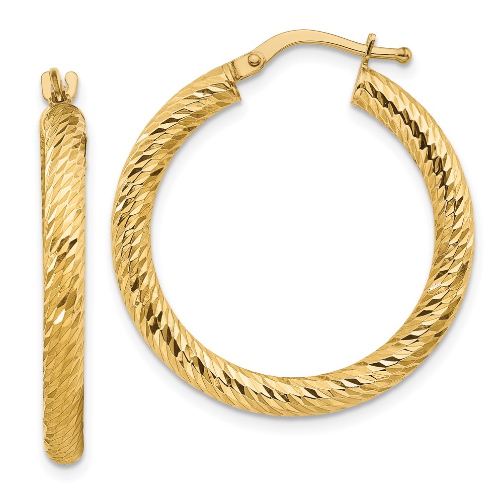 Quality Gold 10TF1341 10K 3 x 20mm Yellow Gold Diamond-Cut Round Hoop Earrings