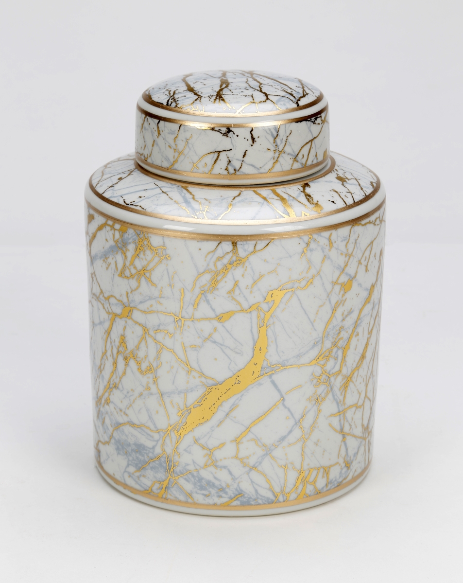 AA Importing 67072 Faux Marble with Gold Accents Cylindrical Jar