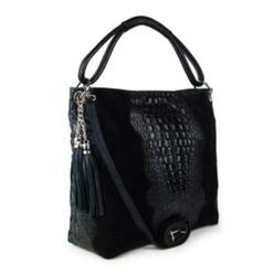 ItalianArtisan MBO-1476-Black Italian Artisan Womens Handcrafted Shoulder Handbag In Genuine Crocodile Print Leather and Suede Made In Italy