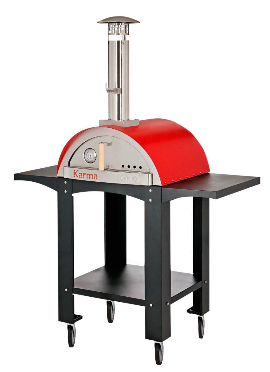 WPPO WKK-01S-WS-Red 25 in. Karma Wood Fired Oven with Stand&#44; Wheels & Side Shelves&#44; Red