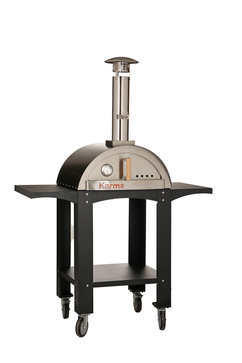 WPPO WKK-01S-WS-Black 25 in. Karma Wood Fired Oven with Stand&#44; Wheels & Side Shelves&#44; Black