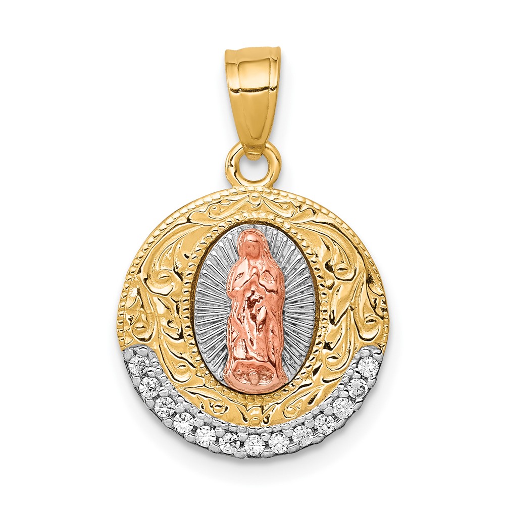 Bagatela 10K Yellow with Rhodium Two-Tone with CZ Lady of Guadalupe Round Pendant