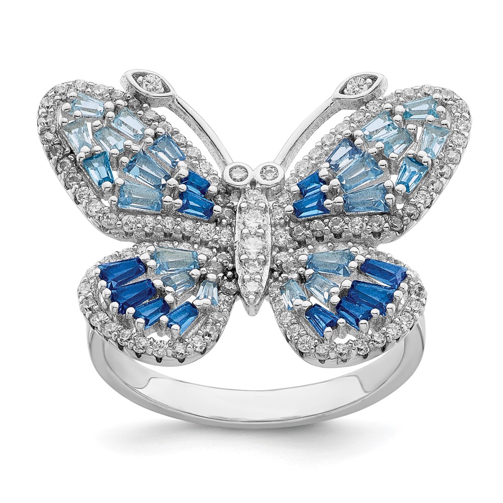 Bagatela Sterling Silver Rhodium-plated Polished Blue &amp; White CZ Butterfly Ring&amp;#44; Size 7