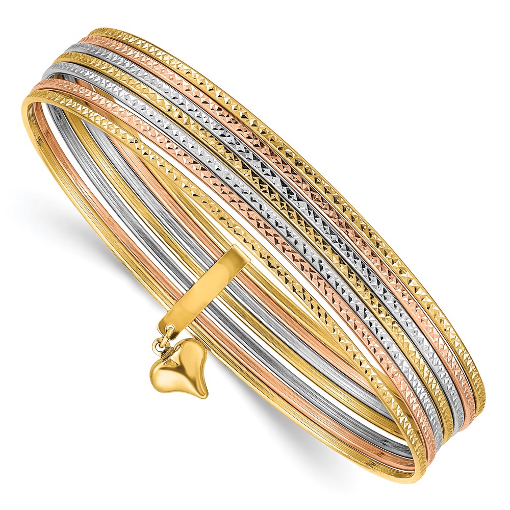 Bagatela 14K Tri-Color with Dangle Heart Oversized Textured Slip-On Bangle Bracelet - Set of 7
