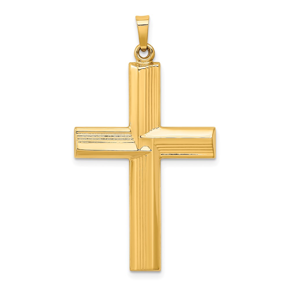 Bagatela 14K Yellow Gold Hollow Polished Stripe Design Latin Cross Pendant