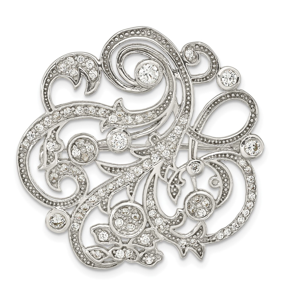 Bagatela Sterling Silver Polished CZ Filigree Floral Vintage Style Pin Brooch