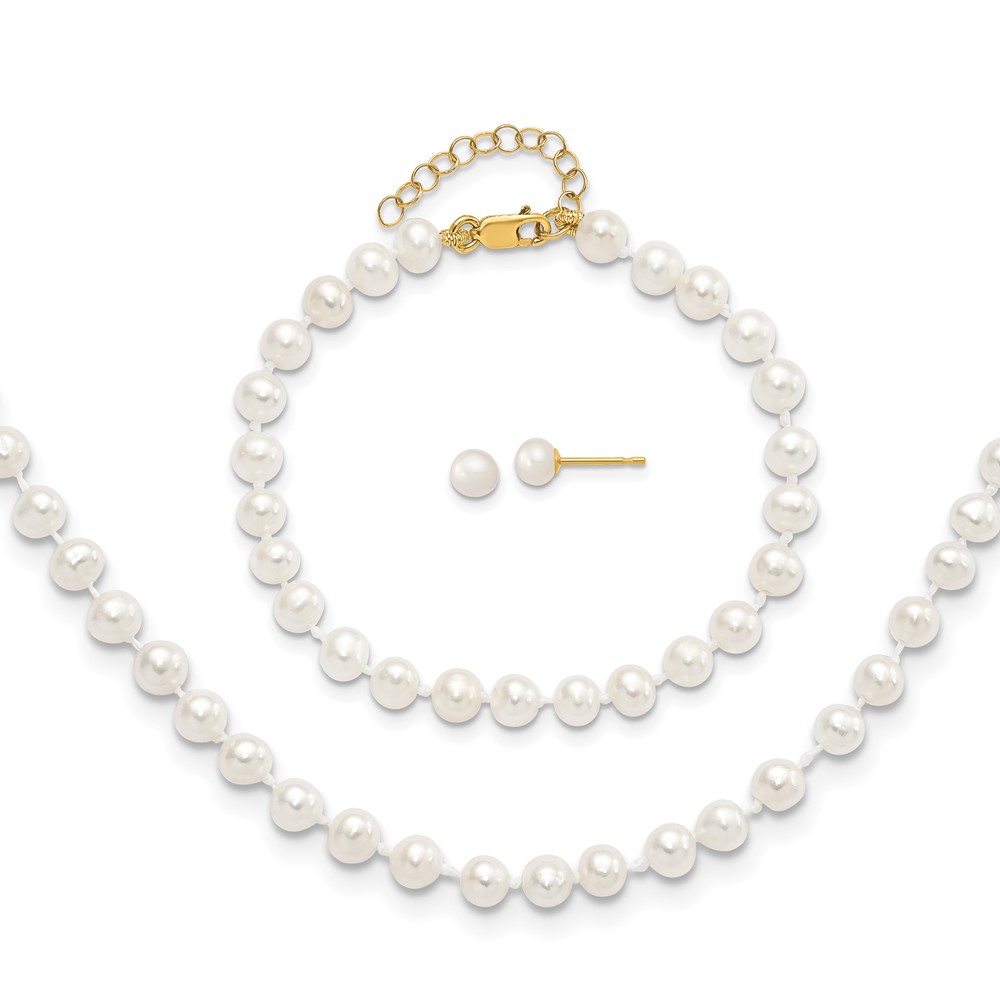 Bagatela 14K Yellow Gold 4-5 mm Freshwater Cultured Pearl 5 in. with 1 in. Extension Bracelet 14 in. with 1 in. Extension Neck Earrings S