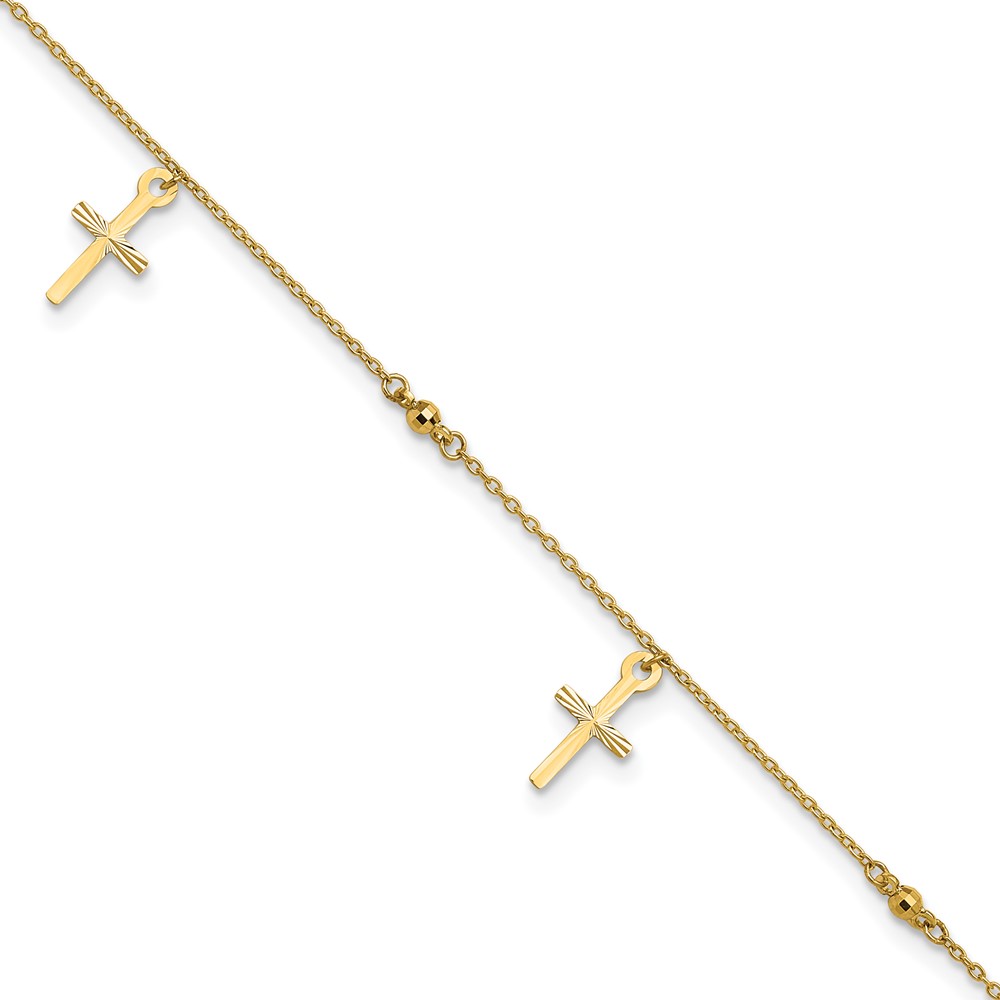 Bagatela 14K Yellow Gold Polished &amp; Textured Cross 9 in. Plus 1 in. Extension Anklet