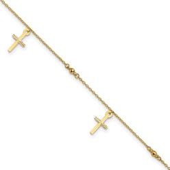 Bagatela 14K Yellow Gold Polished &amp; Textured Cross 9 in. Plus 1 in. Extension Anklet