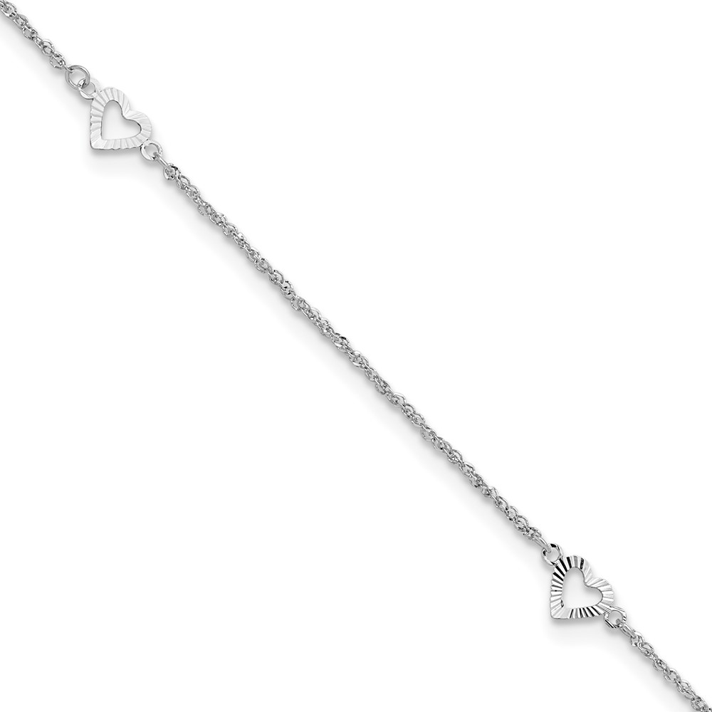 Bagatela 14K White Gold Diamond-Cut Hearts 9 in. Plus 1 in. Extension Anklet