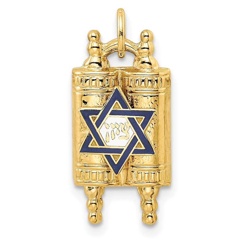 Bagatela 14K Yellow Gold Polished Solid Torah &amp; Enameled Star of David Pendant