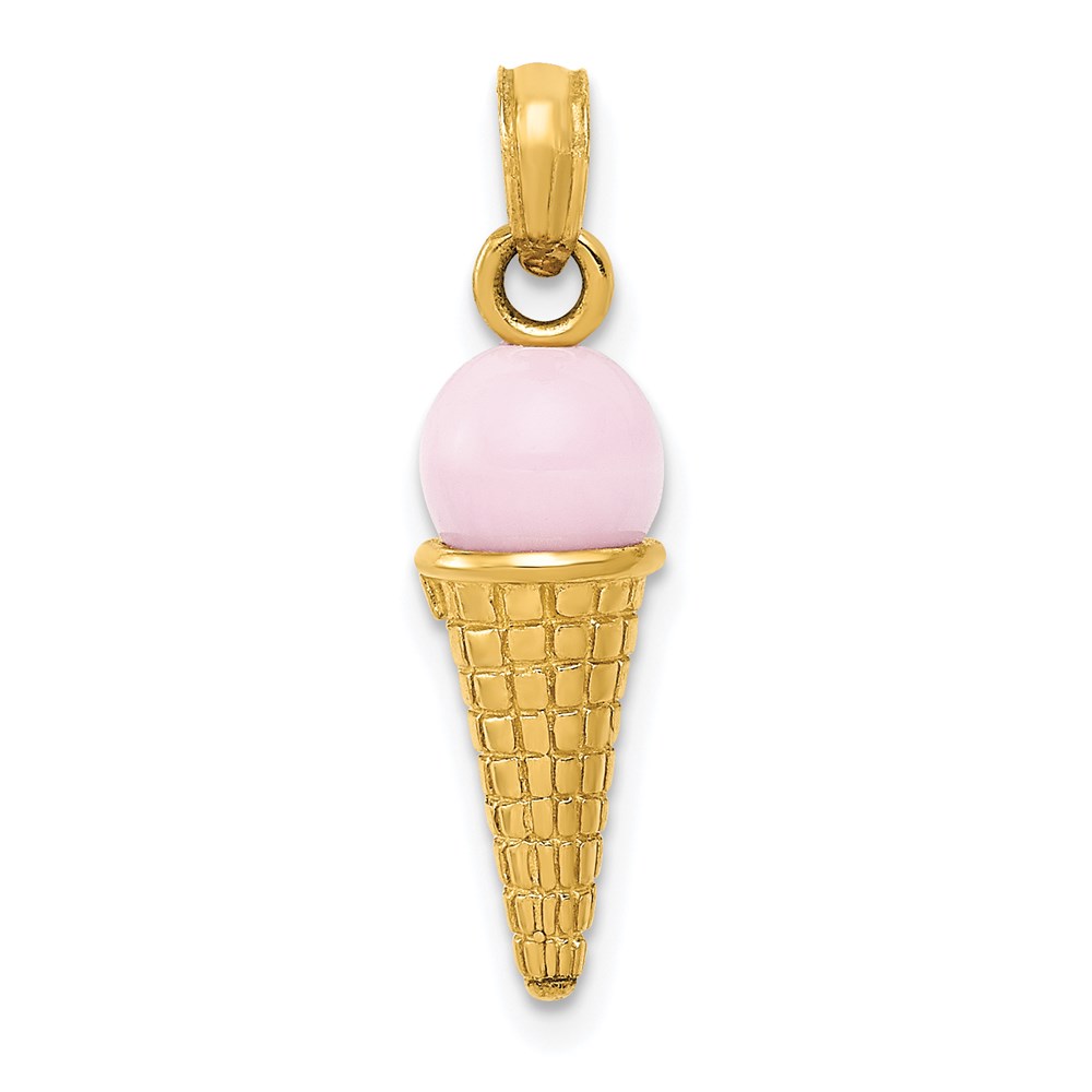 Bagatela 14K Yellow Gold Satin Polished 3D Pink Quartz Ice Cream Cone Charm