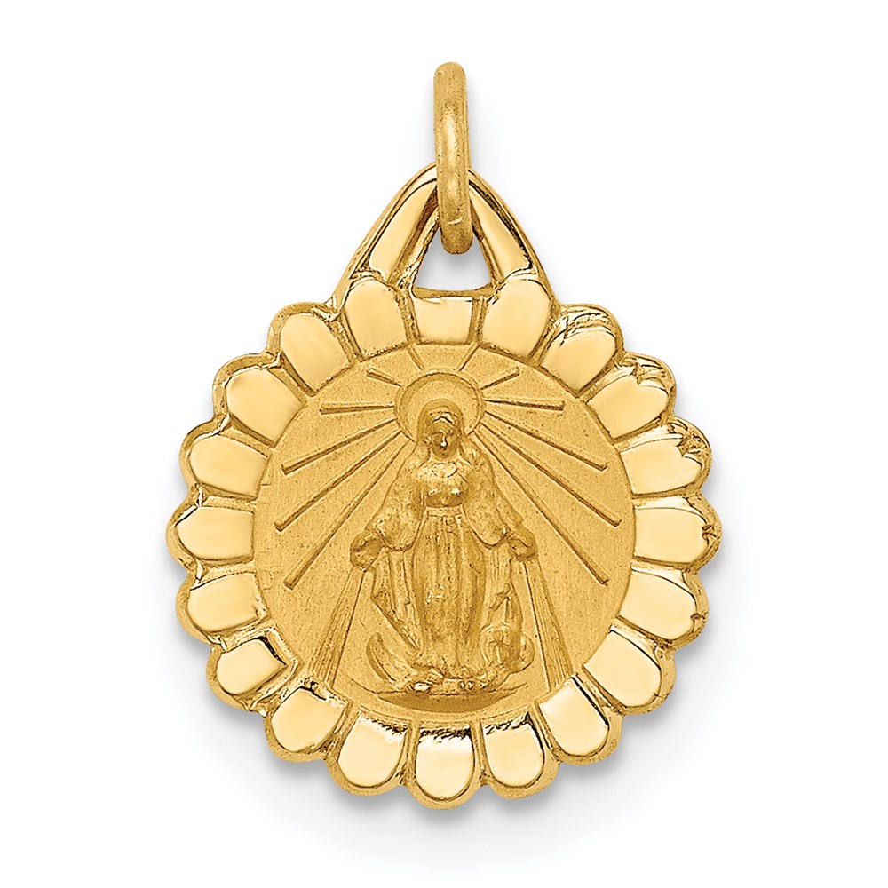Bagatela 14K Yellow Gold Solid Polished Satin Tiny Round Scalloped Miraculous Medal Pendant