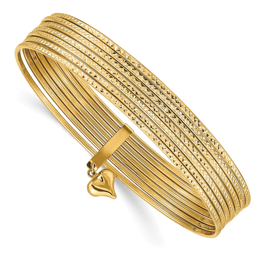 Bagatela 14K Yellow Gold Oversized with Dangle Heart Slip-On Textured Bangle Bracelet - Set of 7