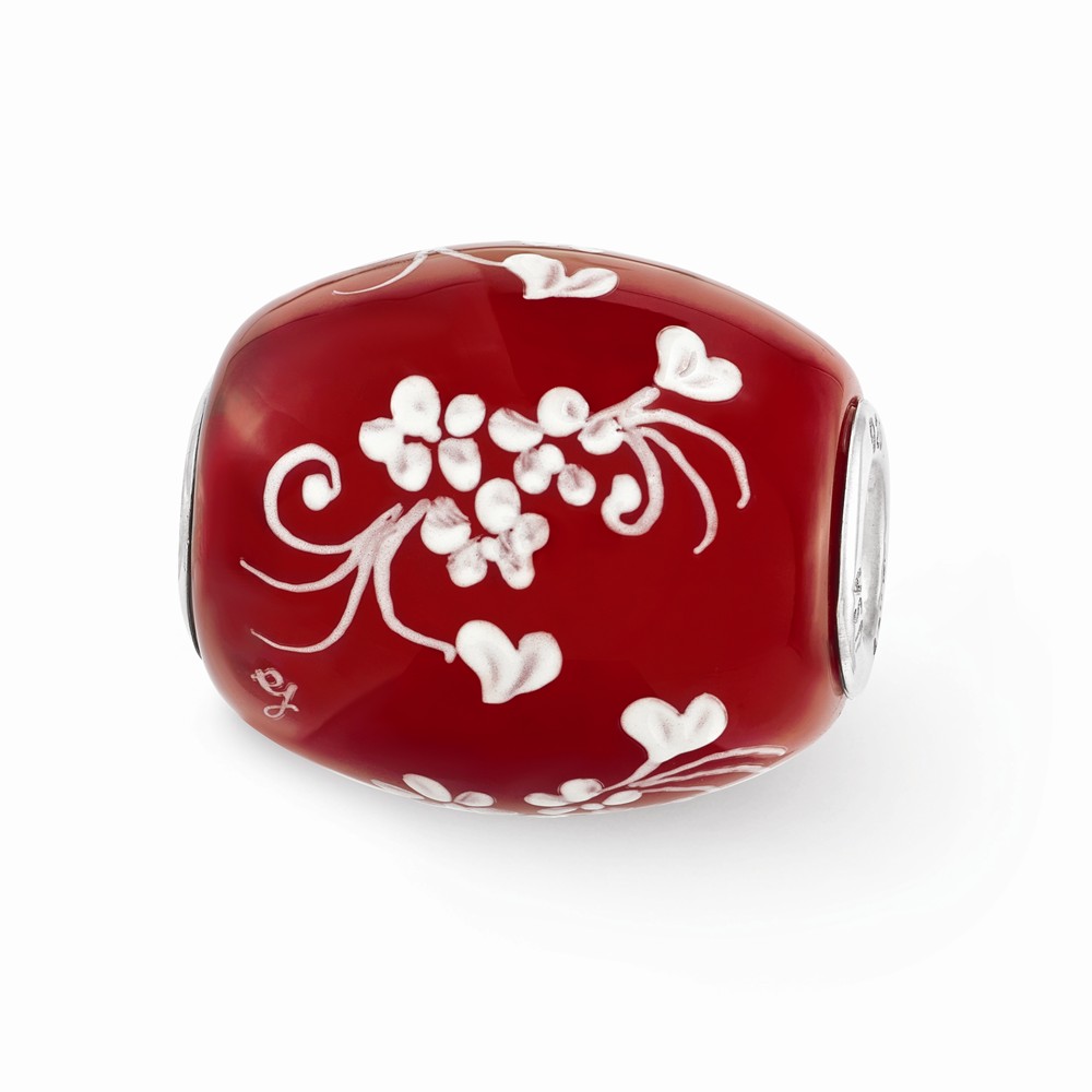 Glitter Sterling Silver Reflections Red Hand Painted Floral Hearts Fenton Glass Bead