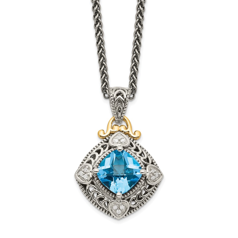 Bijoux 7 mm Sterling Silver with 14K Gold Diamond & Blue Topaz Necklace&#44; Antiqued