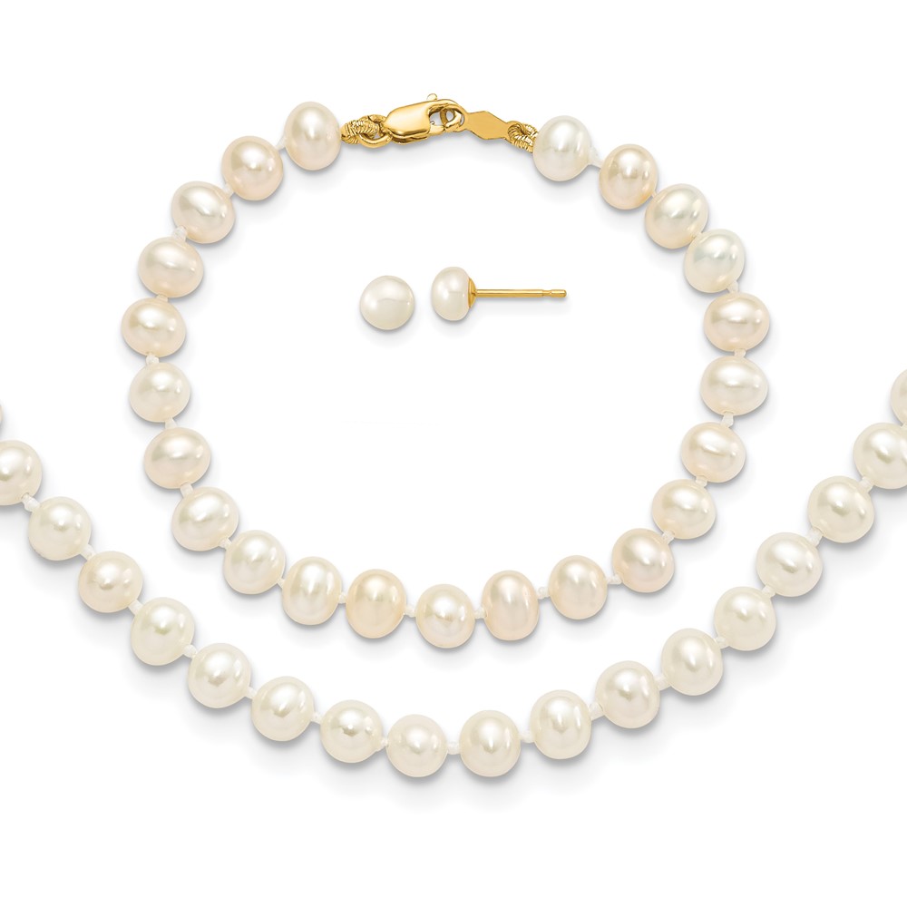 Bagatela 14K Yellow Gold 4-5 mm Freshwater Cultured Pearl 14 in. Necklace&amp;#44; 5 in. Bracelet &amp; Earrings Set