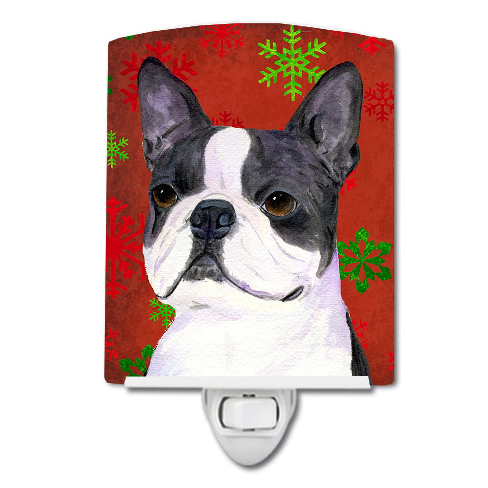 Caroline's Treasures SS4723CNL Boston Terrier Red & Green Snowflakes Christmas Ceramic Night Light